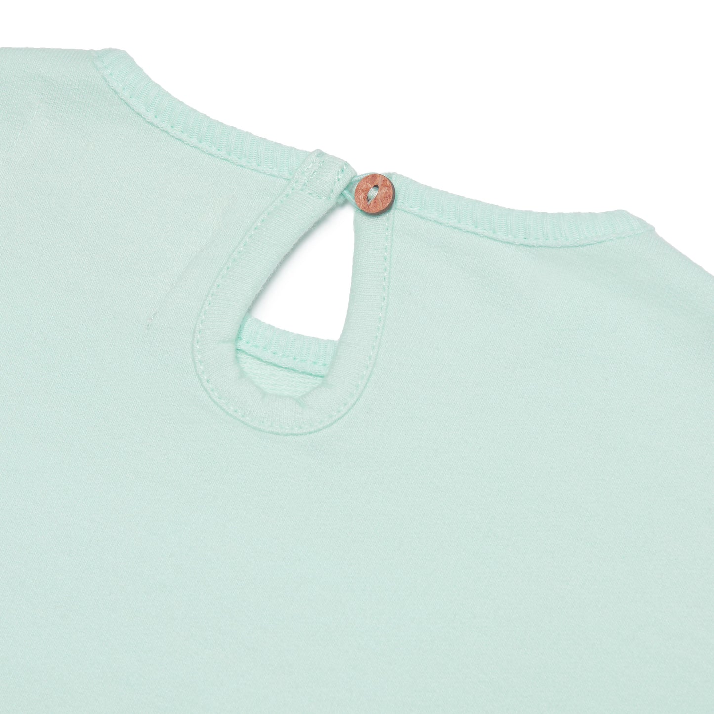 Close-up of a light green shirt with a coconut shell 
button on a white background