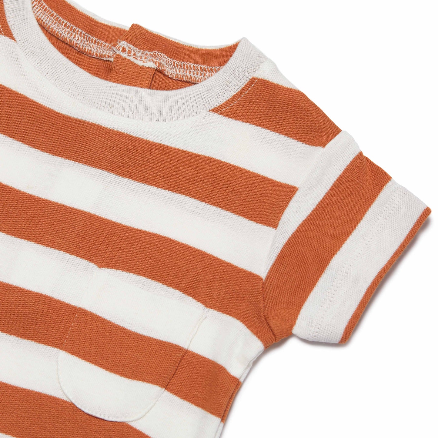 Close-up of a striped shirt with orange and white horizontal stripes on a white background