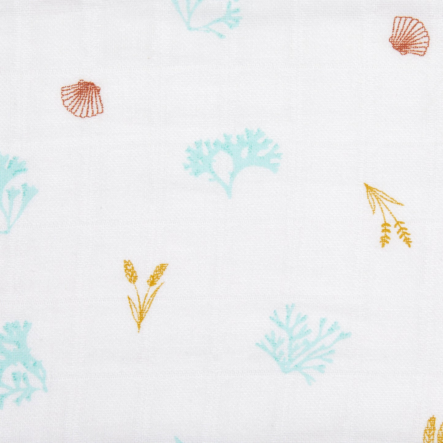 Pattern of seashells, leaves, and flowers on a white background